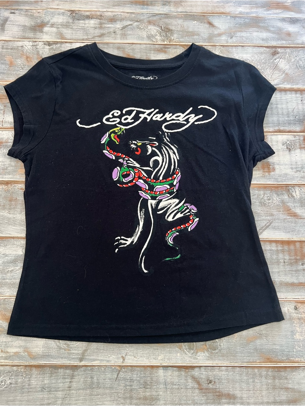 Ed Hardy Black Short Sleeve Tee with Tiger and Colorful Snake Graphic